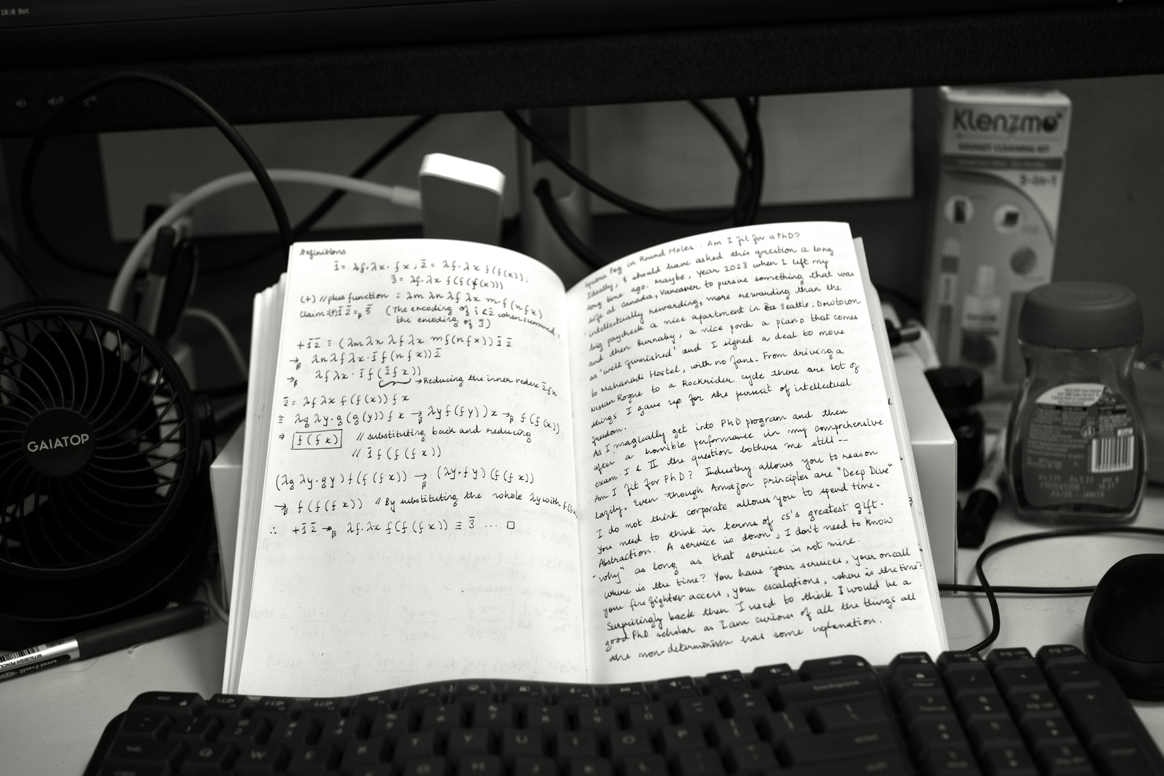 Left page: a beta-reduction proving 1 + 2 = 3 in the untyped lambda calculus. Right page: the handwritten first draft of this essay.